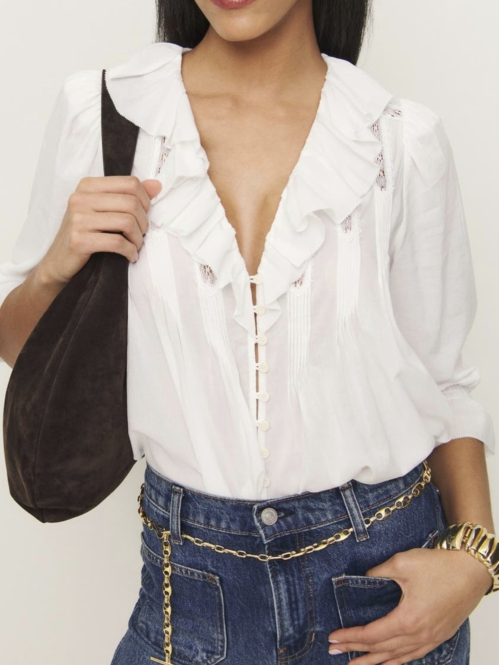 NWT Reformation Perry Ruffle Accent Button-Up Shirt Size L